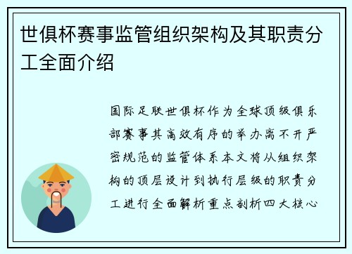世俱杯赛事监管组织架构及其职责分工全面介绍